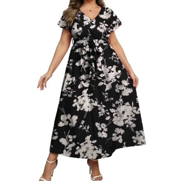 Women's Maxi Dress Plus Size 1X Flutter Sleeve Floral Print V Neckline Flowy - Picture 5 of 6